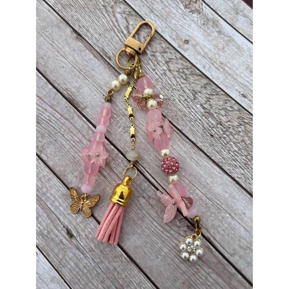 Pink Floral Zipper Pull & Bag Charm Handmade Butterfly Purse Charm